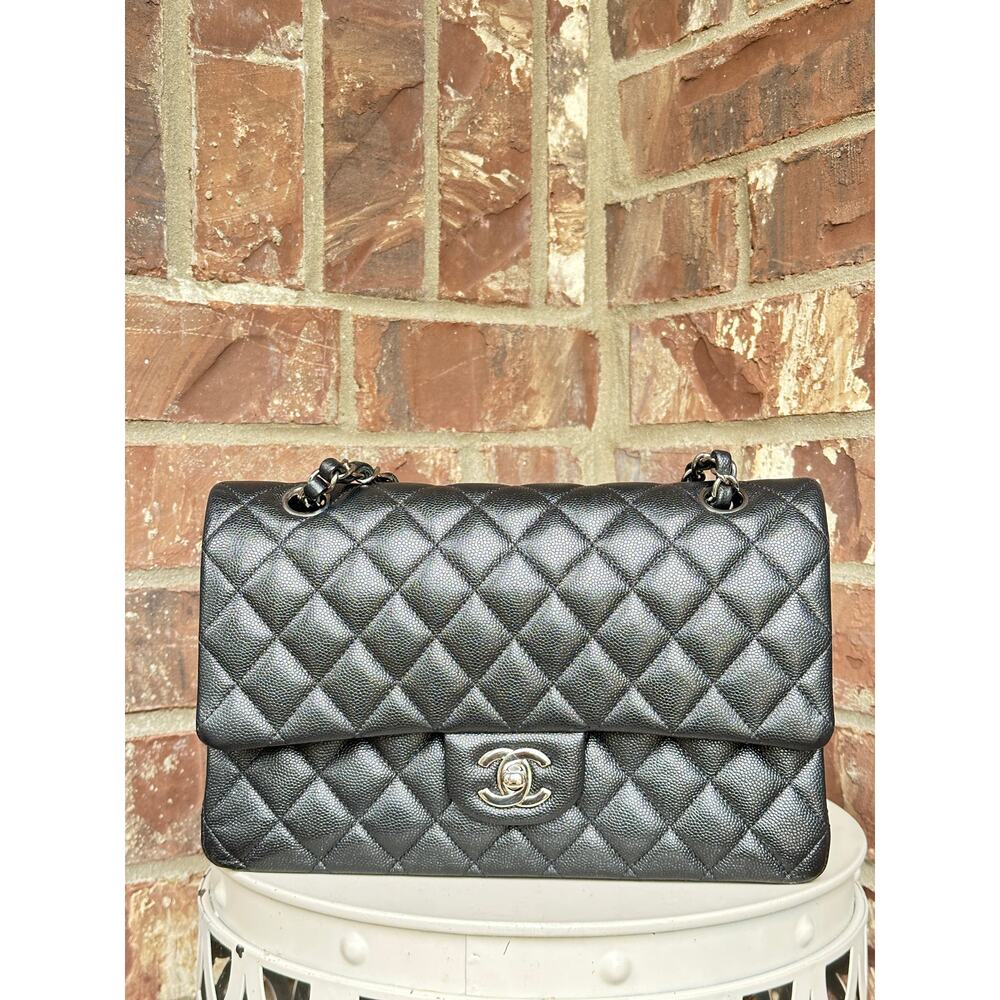 Chanel Classic Double Flap Bag Quilted Iridescent Caviar Medium Black 82735
